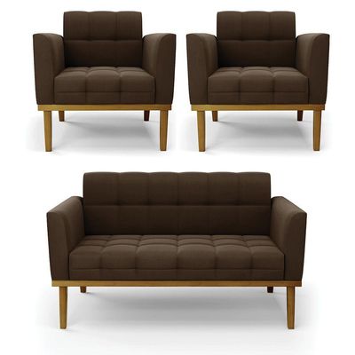 Namoradeira E 2 Poltronas Base De Madeira Castanho Elisa Suede Marrom D03 - D'rossi