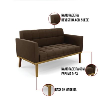 Namoradeira E 2 Poltronas Base De Madeira Castanho Elisa Suede Marrom D03 - D'rossi