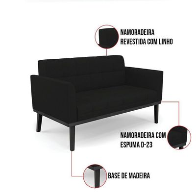 Sofá Namoradeira E Poltrona Base De Madeira Preto Elisa Linho Preto A79 D03 - D'rossi
