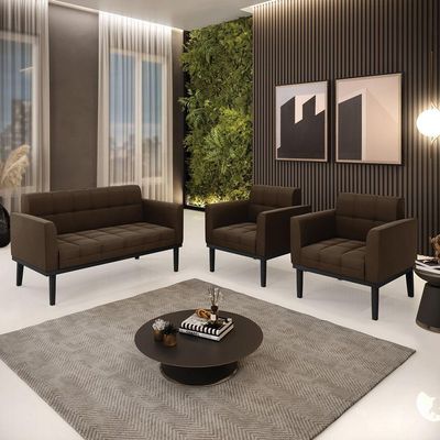 Sofá Namoradeira E 2 Poltronas Base De Madeira Preto Elisa Suede Marrom D03 - D'rossi