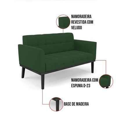 Sofá Namoradeira E Poltrona Base De Madeira Preto Elisa Veludo Verde D03 - D'rossi