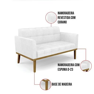 Sofá Namoradeira E 2 Poltronas Base Madeira Castanho Elisa Corano Branco D03 - D'rossi
