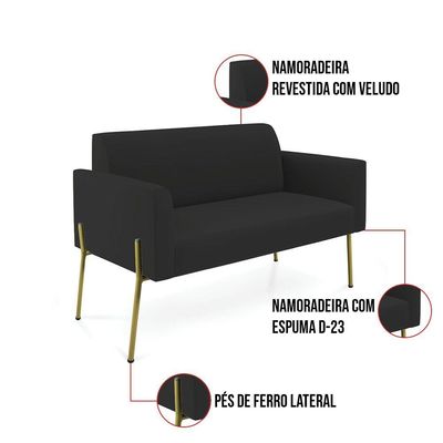 Sofá Namoradeira 2 Lugares Pé De Ferro Dourado Marisa Veludo D03 Preto
