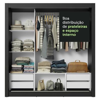 Guarda-roupa Casal 3 Portas Correr Espelho 4 Gavetas Preto