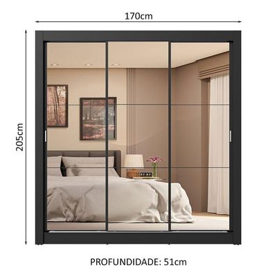 Guarda-roupa Casal 3 Portas Correr Espelho 4 Gavetas Preto