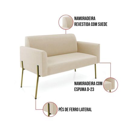Sofá Namoradeira 2 Lugares Pé De Ferro Dourado Marisa Suede D03 Bege