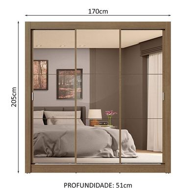 Guarda-roupa Casal 3 Portas Correr Espelho 4 Gavetas Rustic