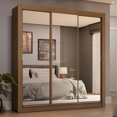Guarda-roupa Casal 3 Portas Correr Espelho 4 Gavetas Rustic
