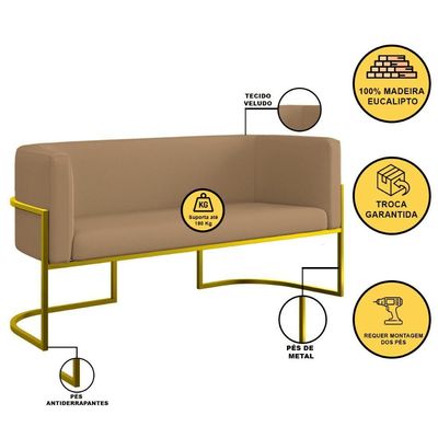 Kit 2 Poltronas + Sofá 2 Lugares Base De Metal Gold Veludo Capuccino