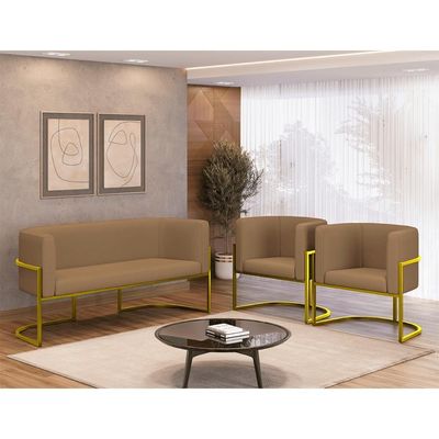 Kit 2 Poltronas + Sofá 2 Lugares Base De Metal Gold Veludo Capuccino