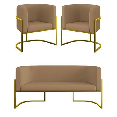 Kit 2 Poltronas + Sofá 2 Lugares Base De Metal Gold Veludo Capuccino