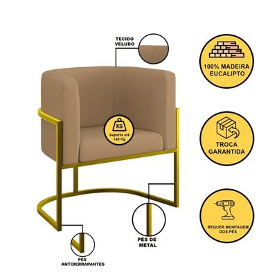 Kit 2 Poltronas + Sofá 2 Lugares Base De Metal Gold Veludo Capuccino