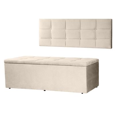 Kit Cabeceira Painel E Calçadeira Baú Solteiro 0,90m Roma Suede Bege Dal Poz Estofados