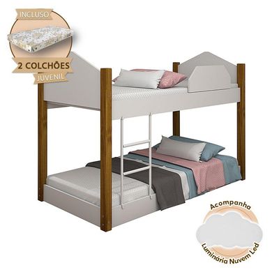 Beliche Infantil Juvenil Luiza Colchões E Luminária LedBranca E Amêndoa Branco
