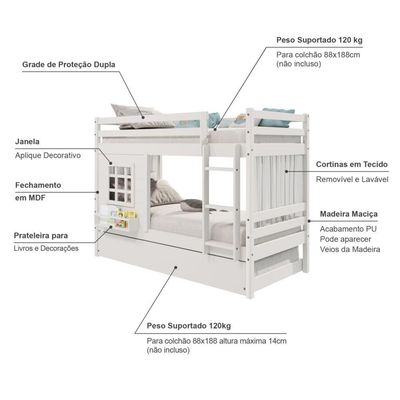 Treliche Infantil Com Janela E Cortina Madeira Maciça Branco Housin