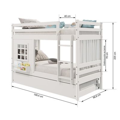 Treliche Infantil Com Janela E Cortina Madeira Maciça Branco Housin