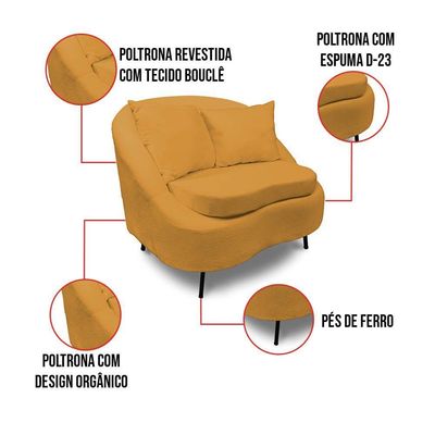 Poltrona Decorativa Orgânica Pé Ferro Pto Zaya Bouclê C05 - D'rossi Cor Mostarda