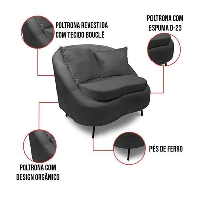 Poltrona Decorativa Orgânica Pé Ferro Pto Zaya Bouclê Grafite C05 - D'rossi