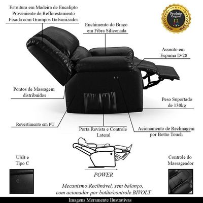 Poltrona Do Papai Reclinável Sala De Cinema Barcelona Touch Massagem Usb Pu Preto Brilho