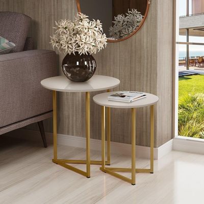 Mesa Lateral Pé De Ferro Estilo Industrial Dourado/off White