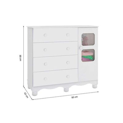 Cômoda Infantil Uli c/ 1 Porta Cristal e 4 Gavetas Branco - Peroba