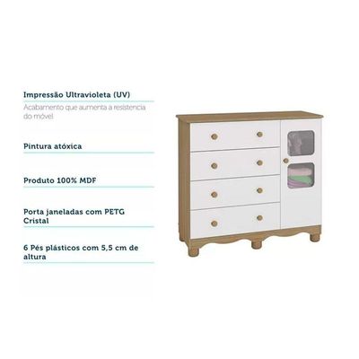 Cômoda Infantil Uli c/ 1 Porta Cristal e 4 Gavetas Branco - Peroba