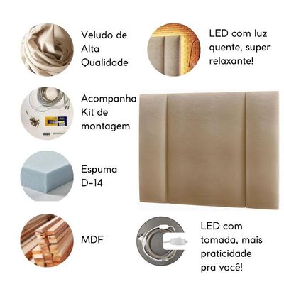 Cabeceira Estofada Iluminação Led Stella Cama Solteiro 90 Cm Cor:veludo Bege