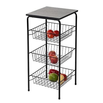 Fruteira 3 Cestos de Chão Tampo Madeira Bebedouro 40x38x82cm Preta Cozinha