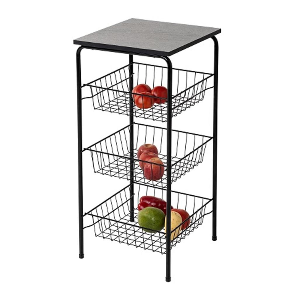 Fruteira 3 Cestos de Chão Tampo Madeira Bebedouro 40x38x82cm Preta Cozinha