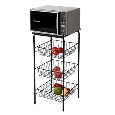 Fruteira 3 Cestos de Chão Tampo Madeira Bebedouro 40x38x82cm Preta Cozinha