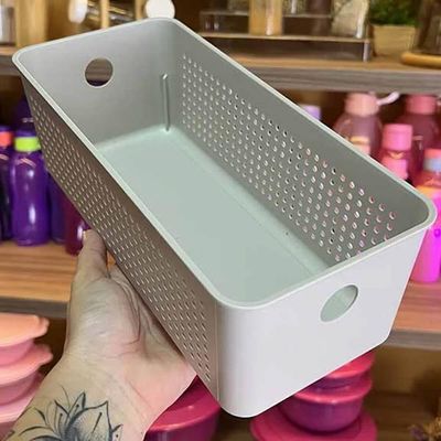 2 Cestos Organizadores Multiuso Empilháveis 4,2L Retangular 26x12x13cm com Perfurações Flow Bege