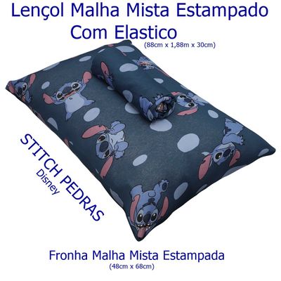 Jogo de Cama Portallar Solteiro Malha Mista Estampado Disney Stitch Pedras 2 Pçs Azul