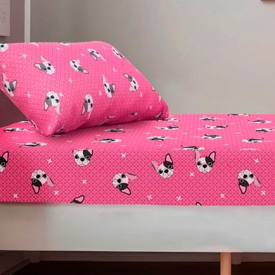 Jogo de Cama Solteiro Portallar Malha Misto Estampado Bulldog Frances 2 Pçs com Elastico Pink