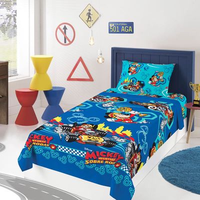 Jogo de Cama Lepper Solteiro Microfibra Estampado Mickey Aventura Rodas 03 Pçs Azul