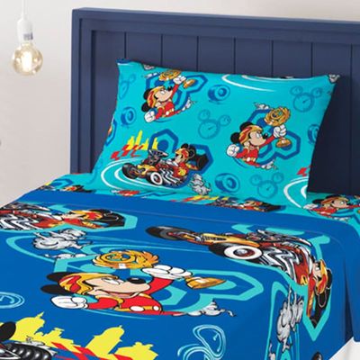 Jogo de Cama Lepper Solteiro Microfibra Estampado Mickey Aventura Rodas 03 Pçs Azul