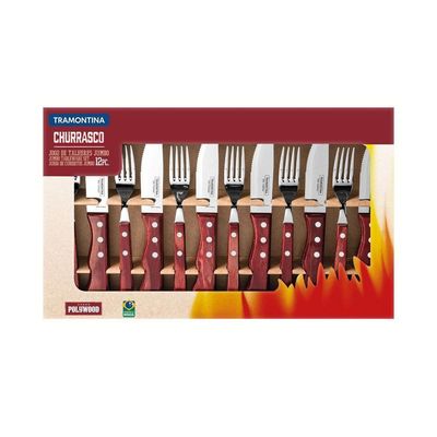 Jogo De Talheres Para Churrasco Jumbo Em Aço Inox Com Cabo Vermelho Polywood 12 Peças - Tramontina