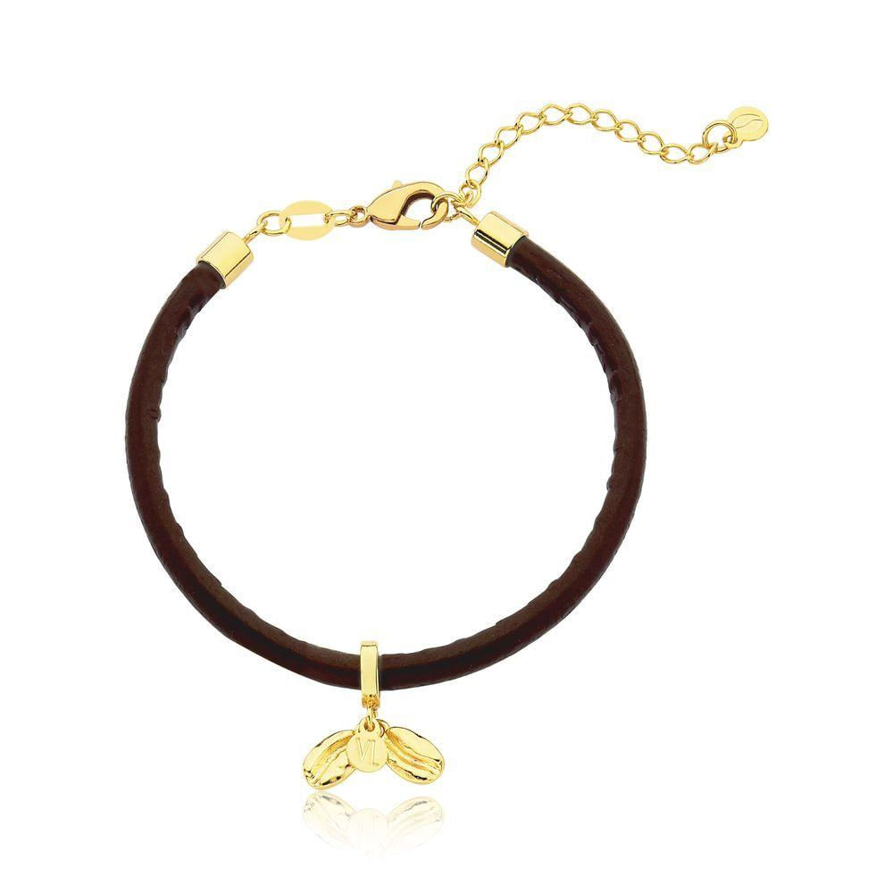 Pulseira De Couro Vl Café Com Revestimento Ouro