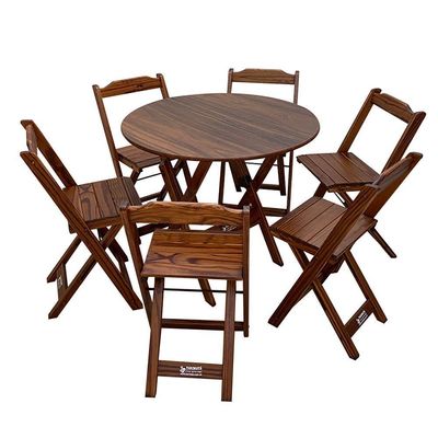 Mesa Dobrável De Madeira Redonda 90cm Com 6 Cadeiras Imbuia Cor: Marrom