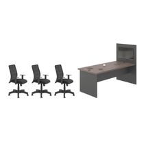 Jogo Painel E Mesa De Escritório Com 3 Cadeiras Freijó Preto