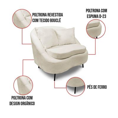 Poltrona Decorativa Orgânica Pé Ferro Pto Kit 2 Zaya Bouclê Bege C05 - D'rossi