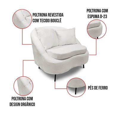 Poltrona Decorativa Orgânica Pé Ferro Pto Zaya Bouclê C05 - D'rossi Cor White