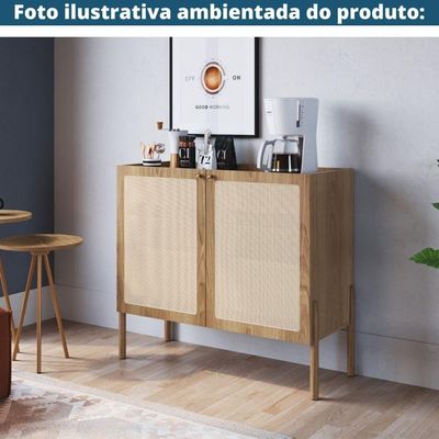 Balcão Bar Buffet Oslo Artesano 93 Cm (Largura) Mdp Mel Palha Natural Com Duas Portas Base Madeira