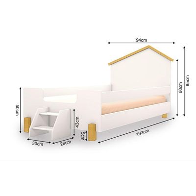 Cama De Criança Infantil Com Escadinha Solteiro Ayla Branca E Natural + Luminária Led