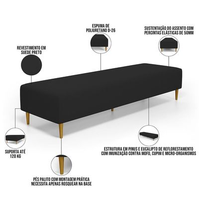 Kit 02 Puffs Decorativo Sala De Estar Bali W01 Pés Palito 170x60cm Suede Preto - Lyam Decor