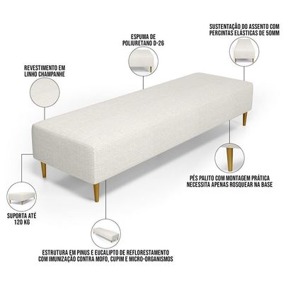 Kit 02 Puffs Decorativo Sala De Estar Bali W01 Pés Palito 210x60cm Linho Champagne - Lyam Decor