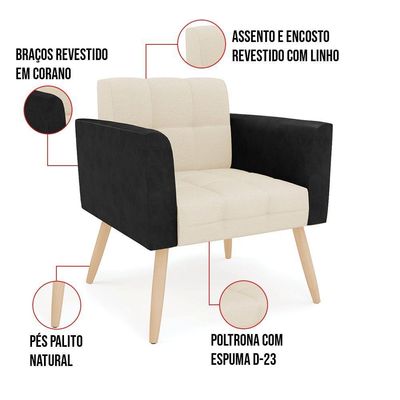 Poltrona Pés Palito Natural Elisa Preto-linho Bege A19 D03 - D'rossi