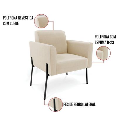 Poltrona Pé De Ferro Preto Para Sala Elisa Suede - D'rossi Cor Bege