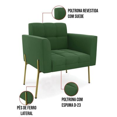 Poltrona Pé De Ferro Dourado Para Sala Kit 2 Elisa Suede D03 - D'rossi Cor Verde