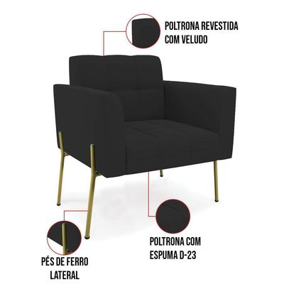 Poltrona Pé De Ferro Dourado Para Sala Kit 2 Elisa Veludo D03 - D'rossi Cor Preto