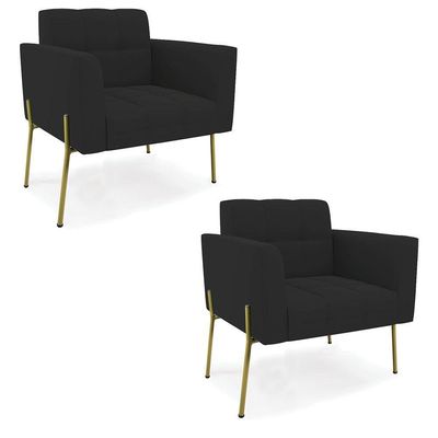 Poltrona Pé De Ferro Dourado Para Sala Kit 2 Elisa Veludo D03 - D'rossi Cor Preto
